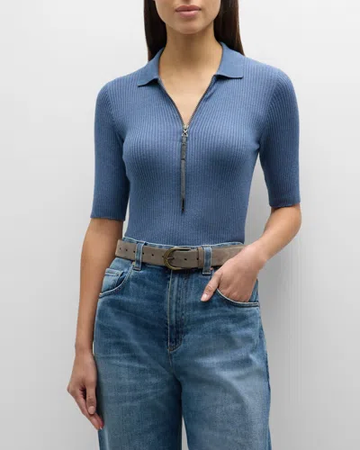 Brunello Cucinelli Ribbed Cashmere-blend Polo Top With Monili Pull In C067 Desert