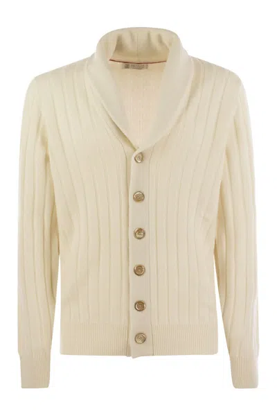 Brunello Cucinelli Luxury Cashmere Cardigan With Scarf Collar In Beige