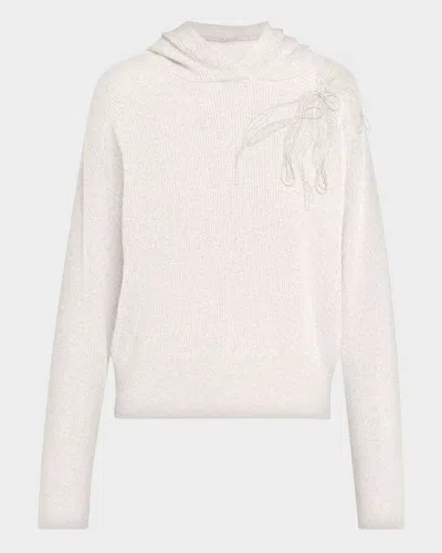 Brunello Cucinelli Ribbed Cashmere Hoodie With Monili Embroidery In White