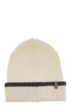 Brunello Cucinelli Ribbed Cashmere Knit Papalina With Jewel Embellishment In White