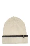 Brunello Cucinelli Ribbed Cashmere Knit Papalina With Jewel Embellishment In Beige