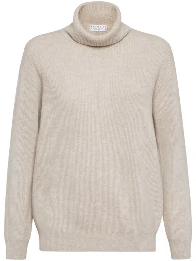 Brunello Cucinelli Ribbed Cashmere Roll-neck Jumper In Neutral