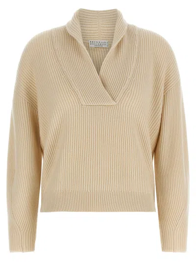 Brunello Cucinelli Cashmere Ribbed V-neck Shawl Collar Sweater In Neutral