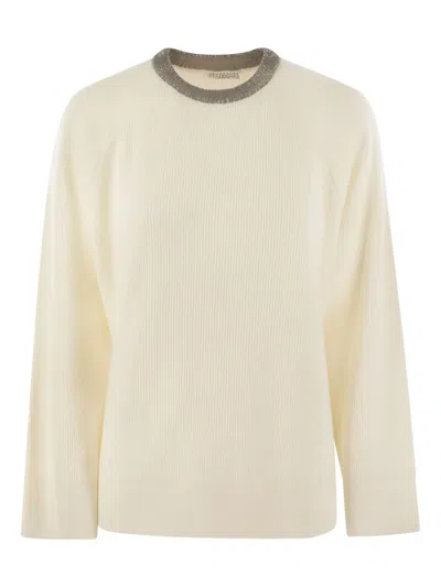 Brunello Cucinelli Ribbed Cashmere Sweater With Necklace In Neutral