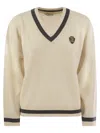 Brunello Cucinelli Ribbed Cashmere Sweater With Contrasting Stripe In Butter