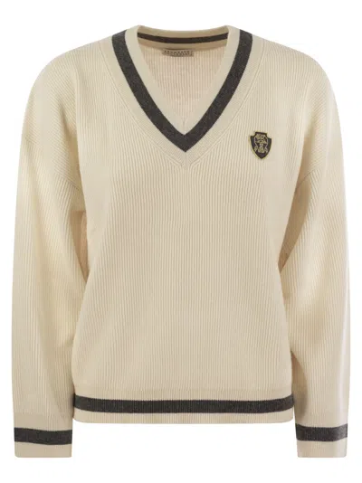 Brunello Cucinelli Ribbed Cashmere Sweater With Contrasting Stripe In Butter