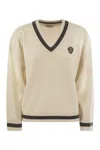 Brunello Cucinelli Ribbed Cashmere Sweater With Contrasting Stripe In Butter