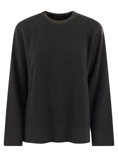 Brunello Cucinelli Ribbed Cashmere Sweater With Necklace In Anthracite