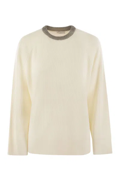 BRUNELLO CUCINELLI BRUNELLO CUCINELLI RIBBED CASHMERE SWEATER WITH NECKLACE