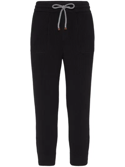 Brunello Cucinelli Ribbed Cashmere Track Pants In Black