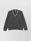 Brunello Cucinelli Ribbed Cashmere V-neck Sweater With Contrast Trim In Gray