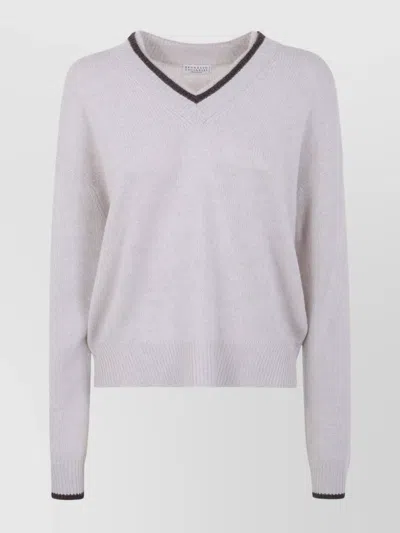 Brunello Cucinelli Ribbed Cashmere V-neck Sweater With Contrast Trim In Gray
