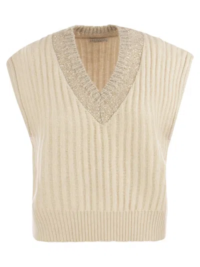 Brunello Cucinelli Women's Cashmere Rib Knit Sweater With Dazzling Neckline In Marmo