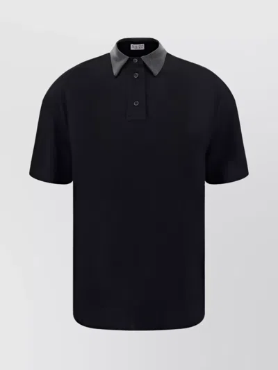 Brunello Cucinelli Ribbed Collar Cotton Polo Shirt In Black