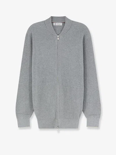 Brunello Cucinelli Ribbed Cotton Cardigan In Grey