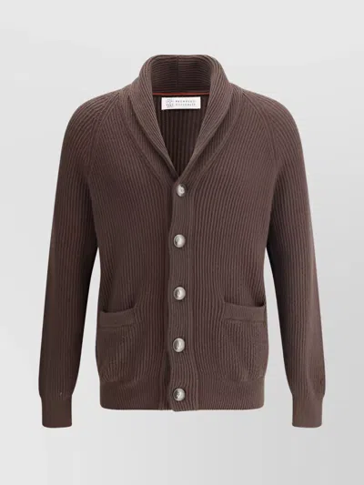 Brunello Cucinelli Ribbed Cotton Cardigan Shawl Collar In Brown