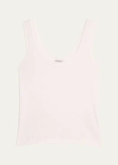 Brunello Cucinelli Ribbed Cotton Jersey Tank Top With Monili Tab In C159 White