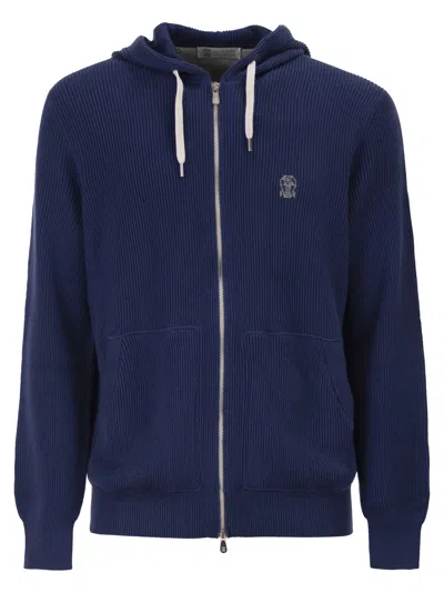Brunello Cucinelli Ribbed Cotton Knit Hooded Sweatshirt In Blue