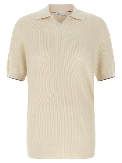 Brunello Cucinelli Ribbed Cotton Knit Polo Shirt In Multi