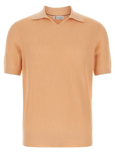 Brunello Cucinelli Ribbed Cotton Knit Polo Shirt In Orange