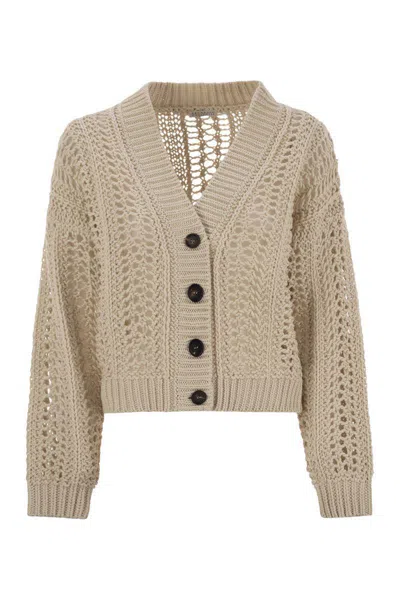 Brunello Cucinelli Ribbed Cotton Net Cardigan In Beige