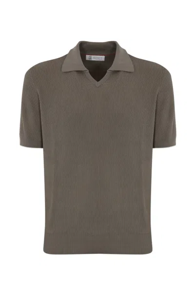 Brunello Cucinelli Ribbed Cotton Polo Shirt In Corteccia