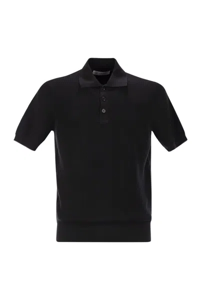 Brunello Cucinelli Ribbed Cotton Polo-style Jersey In Black