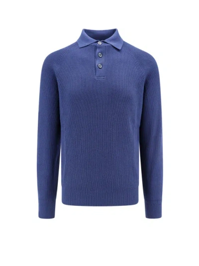 Brunello Cucinelli Ribbed Cotton Polo Sweater In Blue