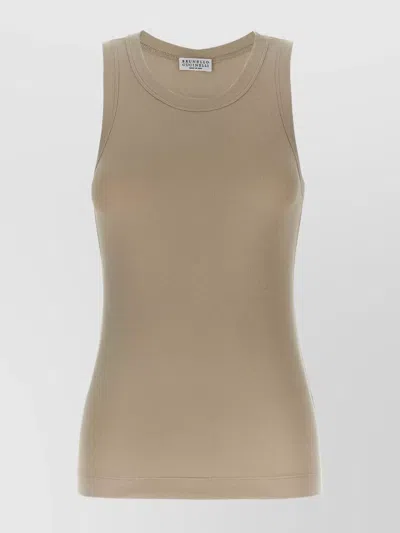 Brunello Cucinelli Ribbed Crew Neck Fitted Sleeveless Top In Neutral