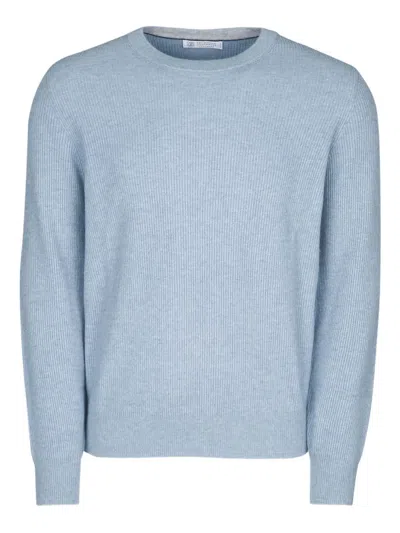 Brunello Cucinelli Ribbed Knit Sweater With Classic Crew Neck And Long Sleeves In Blue