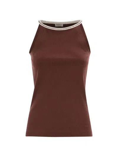 Brunello Cucinelli Women Sleeveless Ribbed Top In Stretch Cotton With Jewel Detail In Brown