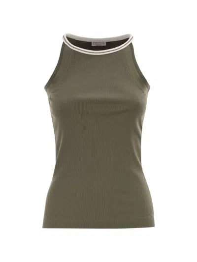 Brunello Cucinelli Women Sleeveless Ribbed Top In Stretch Cotton With Jewel Detail In Green