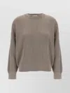 Brunello Cucinelli Ribbed Crewneck Cotton Sweater With Dropped Shoulders In Brown