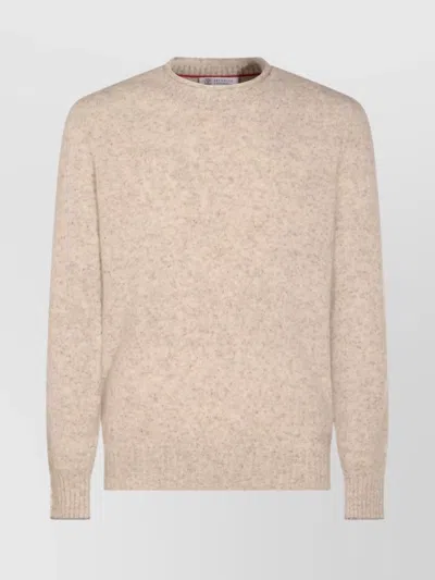 Brunello Cucinelli Ribbed Crewneck Sweater With Soft Texture In Neutral