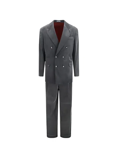 Brunello Cucinelli Ribbed Double-breasted Cotton Suit In Gray