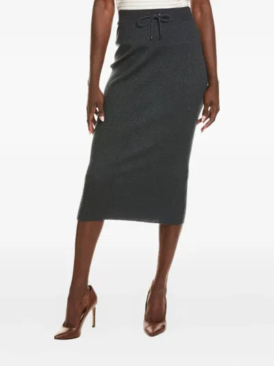 Brunello Cucinelli Ribbed Drawstring Midi Skirt In Gray