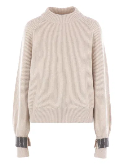 Brunello Cucinelli Ribbed Embellished-cuff Sweater In Neutral