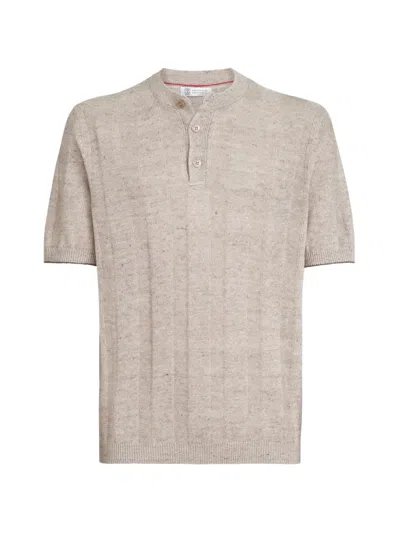 Brunello Cucinelli Ribbed Henley-collar T-shirt In Neutral