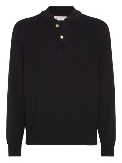 Brunello Cucinelli Ribbed Henley-neck Sweater In Black
