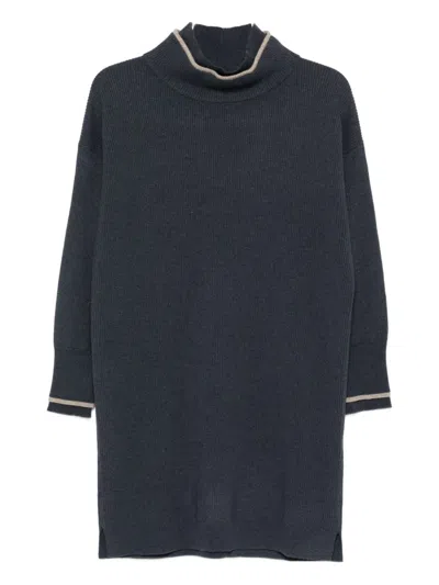 Brunello Cucinelli Ribbed High-neck Mini Dress In Blue