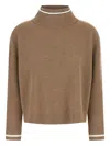 Brunello Cucinelli Ribbed Mock Neck Sweater With Contrast Trim In Brown