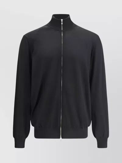 Brunello Cucinelli Ribbed High Neck Wool Cardigan In Black