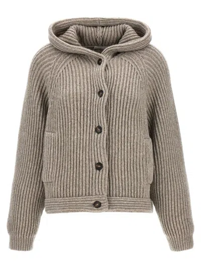 Brunello Cucinelli Ribbed Hooded Cardigan In Gray