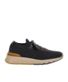 Brunello Cucinelli Leather-trimmed Stretch-knit Sneakers In Blue