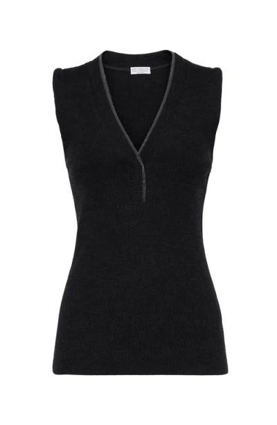 Brunello Cucinelli V-neck Ribbed Vest In Anthracite