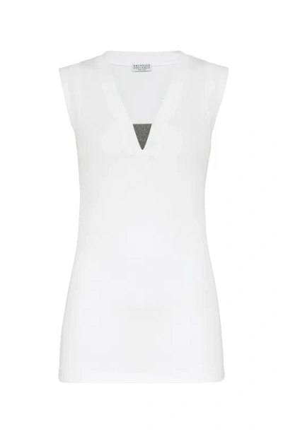 Brunello Cucinelli Stretch Cotton Ribbed Jersey Top With Precious Insert In White
