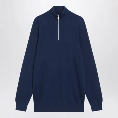 Brunello Cucinelli Ribbed Cotton Jumper High Collar In Blue