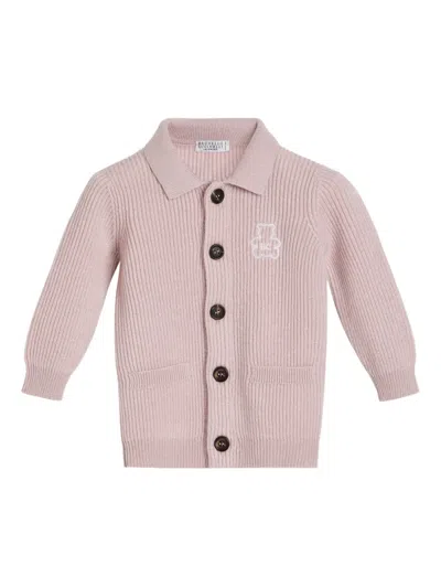 Brunello Cucinelli Babies' Ribbed-knit Bear-embroidered Cardigan In Pink