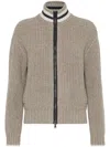 Brunello Cucinelli Cashmere Feather Yarn English Rib Knit Cardigan With Shiny Trims In Neutrals