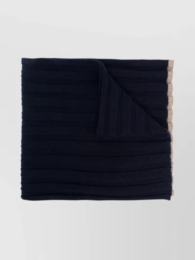 Brunello Cucinelli Ribbed Knit Cashmere Scarf With Two-tone Border In Blue